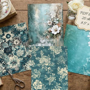 Shabby Chic, Teal, Türkis, Damast Digital Papier. Florale, Grunge, Vision Board Journal Hintergründe