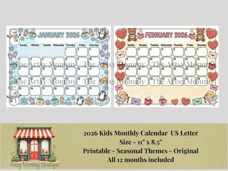 2026 Kids Printable Calendar. Monthly, Seasonal Wall Planner. PDF & JPG ...