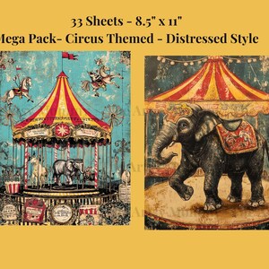 33 sheets of vintage, distressed, digital paper featuring a Fun Haus, Circus/Big Top, Carnival theme.