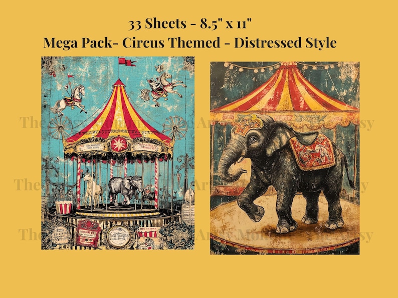 33 sheets of vintage, distressed, digital paper featuring a Fun Haus, Circus/Big Top, Carnival theme.