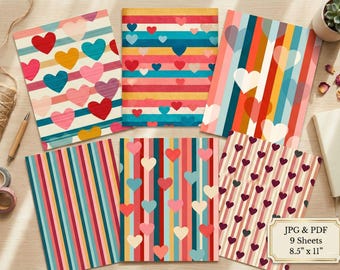 Hearts and Stripes Valentines Digital Paper. Pink, Red, Love, Scrapbook Backgrounds, Decoupage Sheets