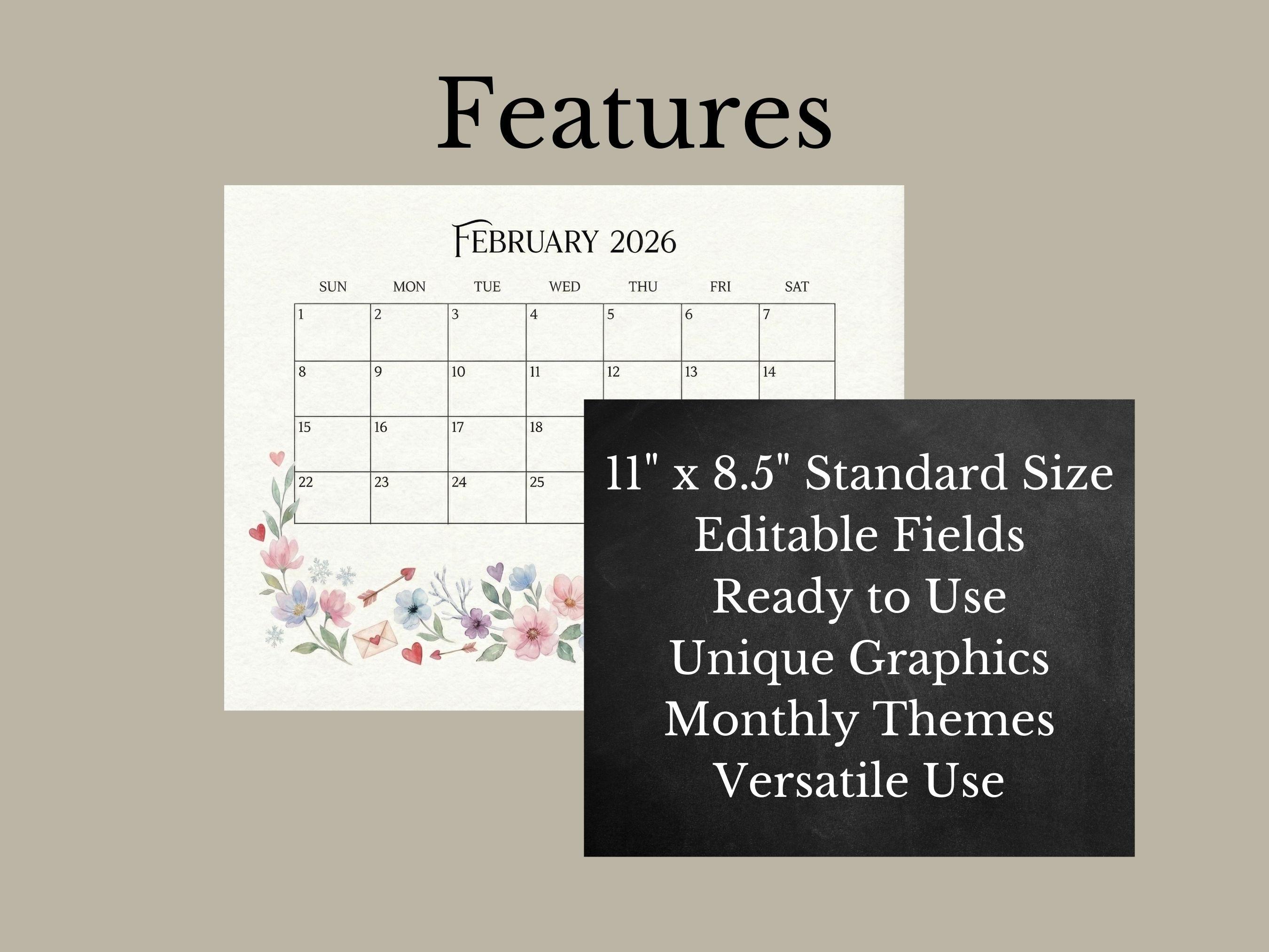 February 2026 Calendar. Printable, Watercolor Floral Monthly Planner ...