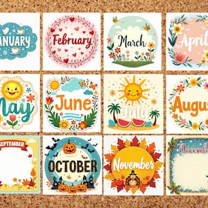 Pegatinas imprimibles para el calendario mensual. Etiquetas para planificadores de temporada 2026, decoración para tablones de anuncios.