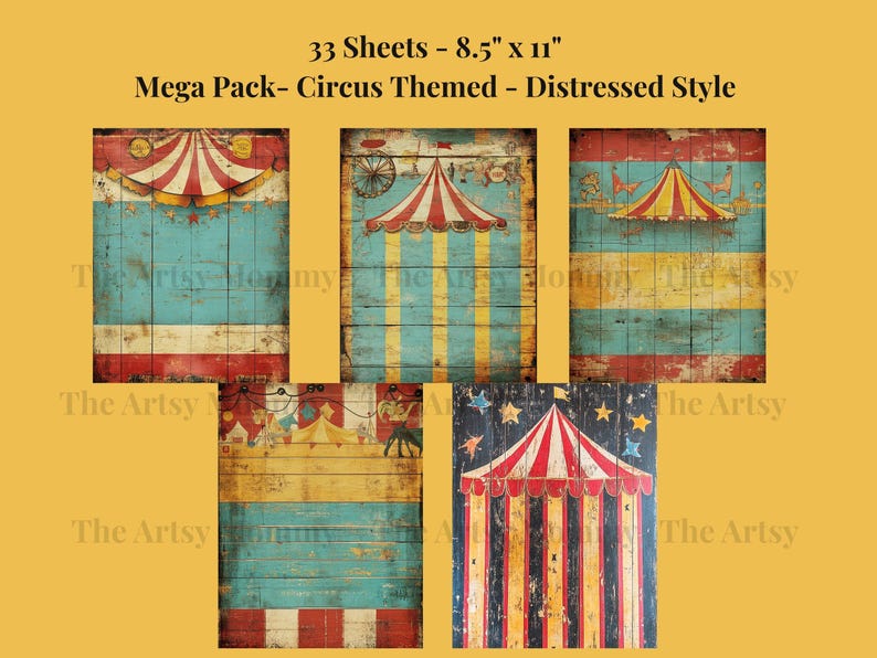 33 sheets of vintage, distressed, digital paper featuring a Fun Haus, Circus/Big Top, Carnival theme.