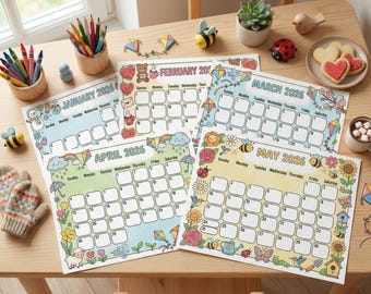 Calendario stampabile per bambini 2026. Planner mensile e stagionale da parete. Download digitale in formato PDF e JPG.
