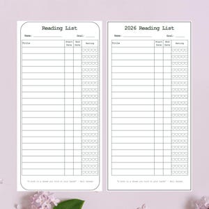 May include: Two white reading list templates on a light purple background. The left template is labelled "Reading List" and the right template is labelled "2026 Reading List". Each template has sections for title, start date, end date, and rating.