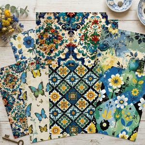 Geassorteerd bloemen Vision Board digitaal papier. Blauw, geel, groen, knipvellen, Florentijnse achtergronden