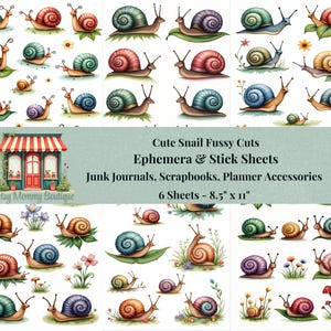 Découpes délicates d&#39;escargots mignons. Lot d&#39;éphémères numériques et d&#39;autocollants. Stickers escargots imprimables pour journaux indésirables, albums de coupures, agendas et plus encore