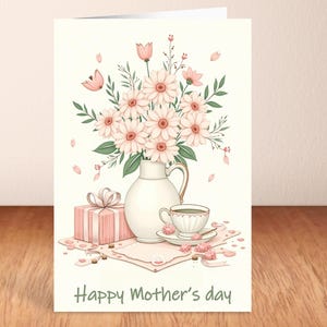Vintage Mutter-Tageskarte. 4x6 Printable Sentimental Geschenk von Sohn oder Tochter. Tee-Party und Blumen für die erste Zeit Mama