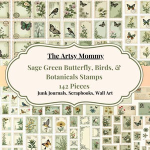 Saliegroene vlinders, vogels en botanische postzegels. Vintage natuurliefhebbercadeau en ephemera voor scrapbooking, tijdschriften en meer