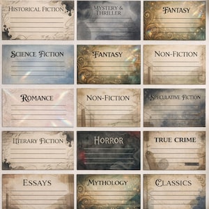 Könnte beinhalten: Eine Sammlung von Genre-Etiketten im Vintage-Stil für Bücher, mit Titeln wie "Historischer Roman", "Fantasy" und "Science Fiction". Jedes Etikett hat einen linierten Bereich zum Beschriften und dekorative Ränder.