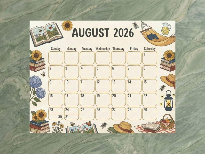 August 2026 Printable Calendar, Editable, Cottagecore, Garden Monthly