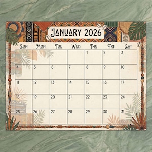 May include: A decorative calendar for January 2026, featuring an artistic design with tribal patterns and botanical elements. The calendar grid is set against a cream background, with the month and year prominently displayed at the top.
