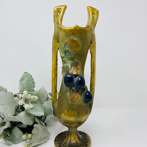 Amphora Art Nouveau Two Handle Tall Vase with Grapes & Leaves, Repaired