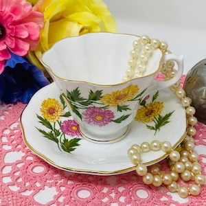 Queen Anne Yellow & Pink Chrysanthemums Teacup and Saucer, Vintage