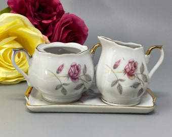 Rose Pattern Individual Sugar Bowl, Creamer and Underplate Set, AS IS