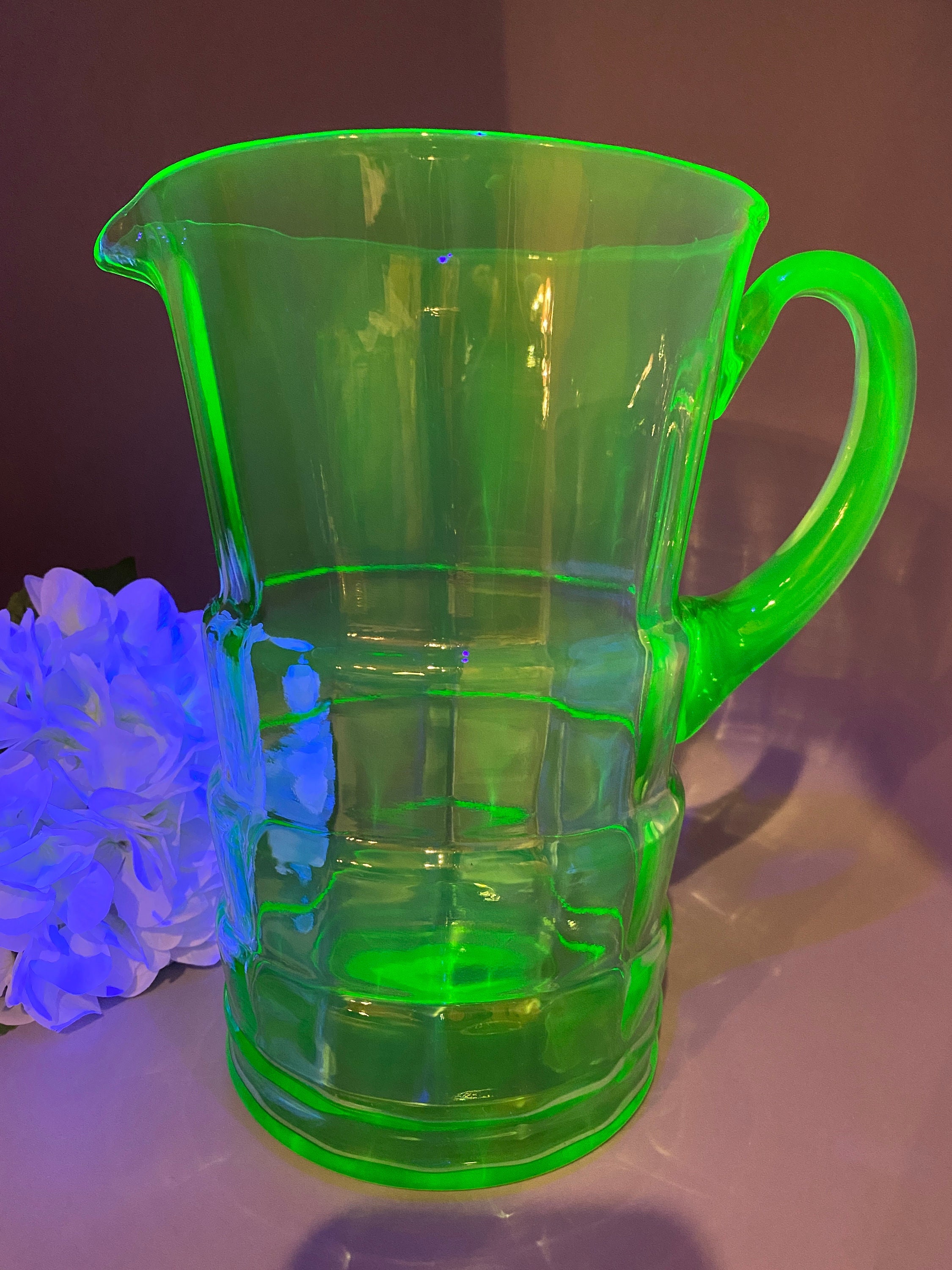 Vintage Green Uranium Depression Glass Water Pitcher w/ 5 Glasses