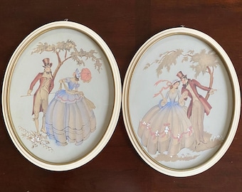 Signed Maude Eggemeyer Watercolor Lithographs in Oval Frames, Set of 2