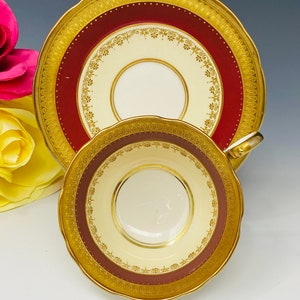 Aynsley Ruby Red and Gold "Windsor" Teacup and Saucer