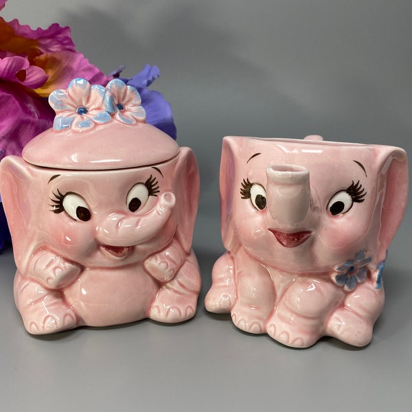 Lefton Pink Elephant Covered Sugar Bowl and Creamer, Scarce