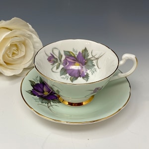 Crownford Pastel Green with Purple Rose/Blossom Widemouth Tea Cup and Saucer