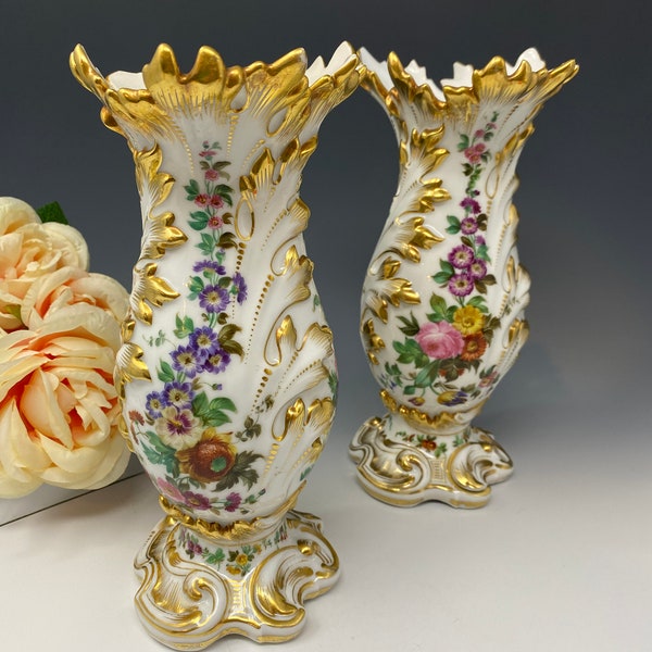 Antique Pair of OP Mennecy-Villeroy Mantle Hand Painted/Gilded Vases