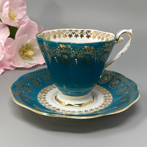 Royal Standard Tea Cup and Saucer in Teal and Gold Accents