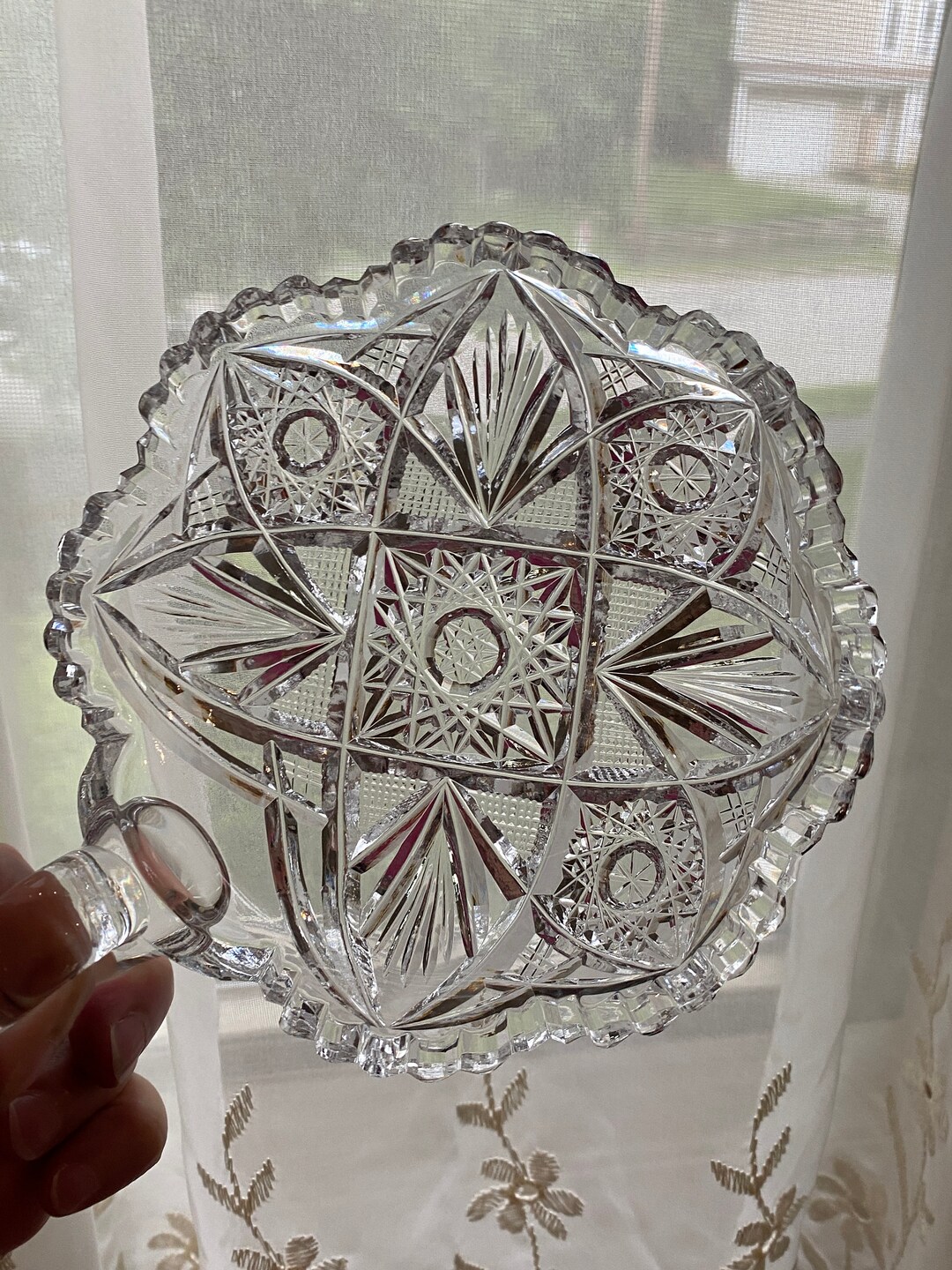 Antique ABP Quaker City Cut Glass iris Pattern One Handle Nappy