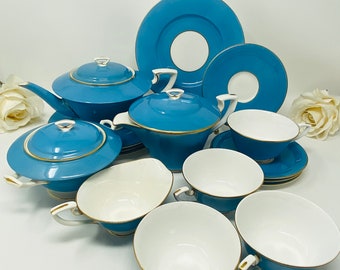 Antique Royal Worcester Bone China Blue RARE Art Deco Tea Set for Four (4)