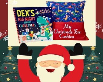 Personalised ‘Christmas Dinosaurs’ Christmas Eve/ Christmas Story Cushion  with Free Book! - Unique Children's gift - Free UK Postage!