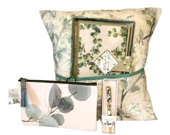 Handmade 'Green Floral' Pocket Cushion, Stationery Gift Set - Mother's Day|Birthday|Gifts for Her - Free UK P&P