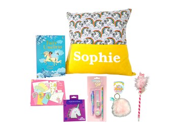 Personalised 'Over the Unicorn Rainbow' Pocket Cushion Gift Set
