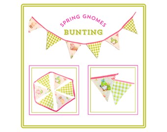 Children’s Fabric Bunting - Spring Gnomes bunting - party decoration - room decor - double-sided bunting decoration - Free UK postage