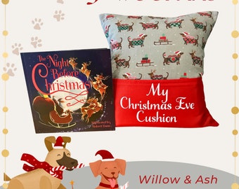 Personalised ‘Christmas Dogs’ Christmas Eve/ Christmas Story Cushion  with Free Book! - Unique Children's gift - Free UK Postage!