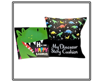 Personalised 'Bright Dinos’ Story/Book/Reading/Pocket Cushion with FREE Children's Book! - Unique Children's gift-Handmade-FREE UK Postage!