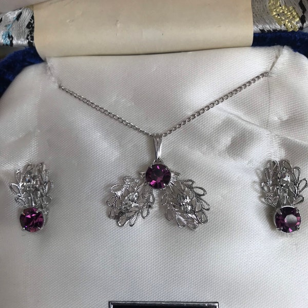 Vintage Sterling Dixelle Purple Glass Stone Necklace and Earrings Set