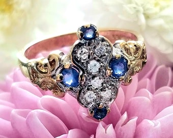 9k Victorian Style Sapphire & Diamond Ring