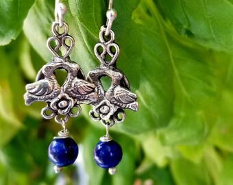 Hand Crafted Lapis & Sterling Lovebird Earrings