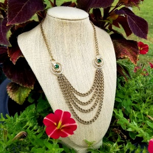 Retro Waterfall Gold Tone Green Crystal Necklace