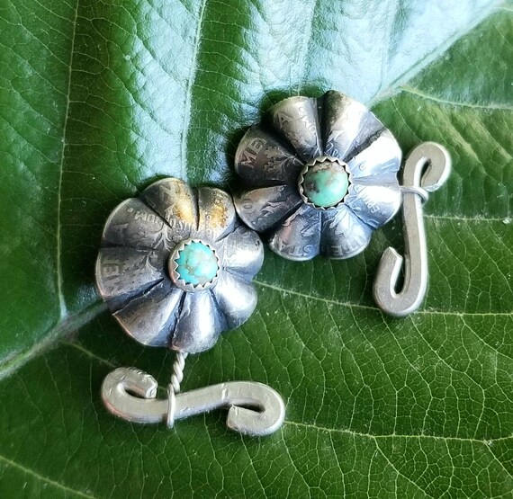 Art Deco Coin Silver & Turquoise Concho Cuff Links - image 1