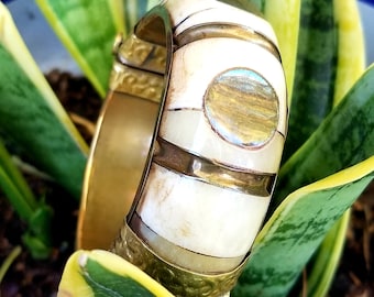 Vintage Brass & Bone Inlaid Bangle
