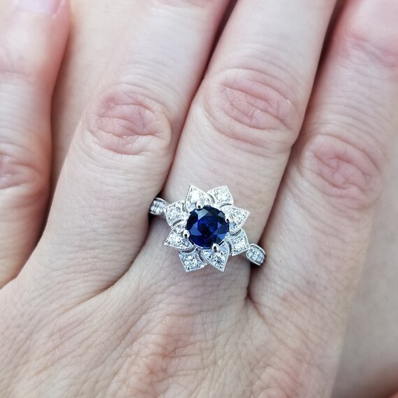 14k Sapphire & Diamond Deco Style Ring Gem