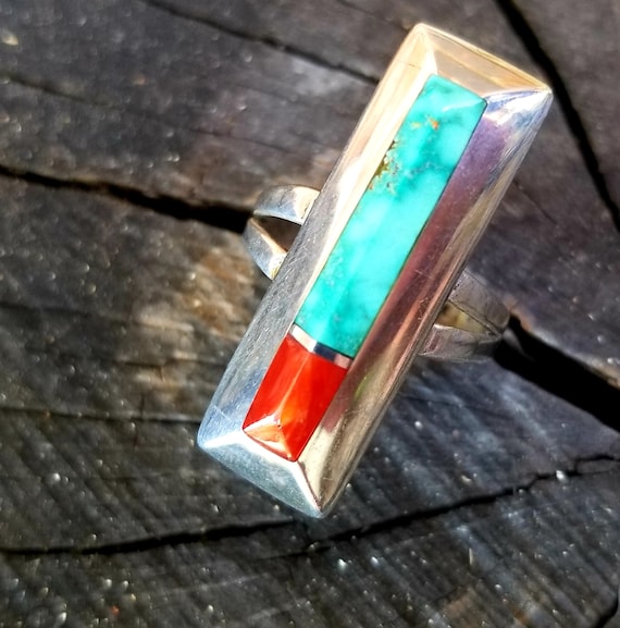 Unique Slender Turquoise & Coral Ring