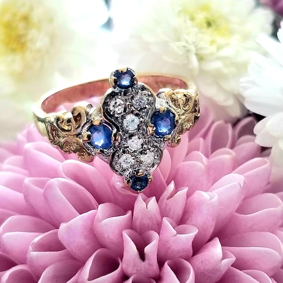 9k Victorian Style Sapphire & Diamond Ring