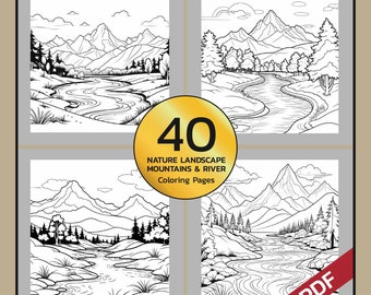 40 Coloring Pages Nature Landscape Mountains and River: Grayscale Printable PDFs - Digital Download