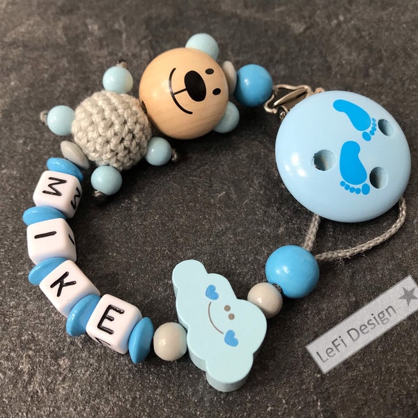 Schnullerkette mit Namen, personalisiert, handmade, Bärchen, Wolke, blau, Junge, Geschenk zur Geburt, Baby, Schnullerband