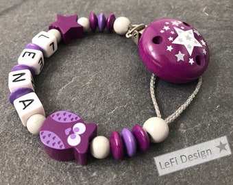 Schnullerkette mit Namen, personalisiert, handmade, Eule, Sterne, Beere/Lila, Mädchen, Geschenk zur Geburt, Baby, Schnullerband