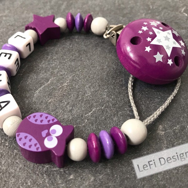 Schnullerkette mit Namen, personalisiert, handmade, Eule, Sterne, Beere/Lila, Mädchen, Geschenk zur Geburt, Baby, Schnullerband