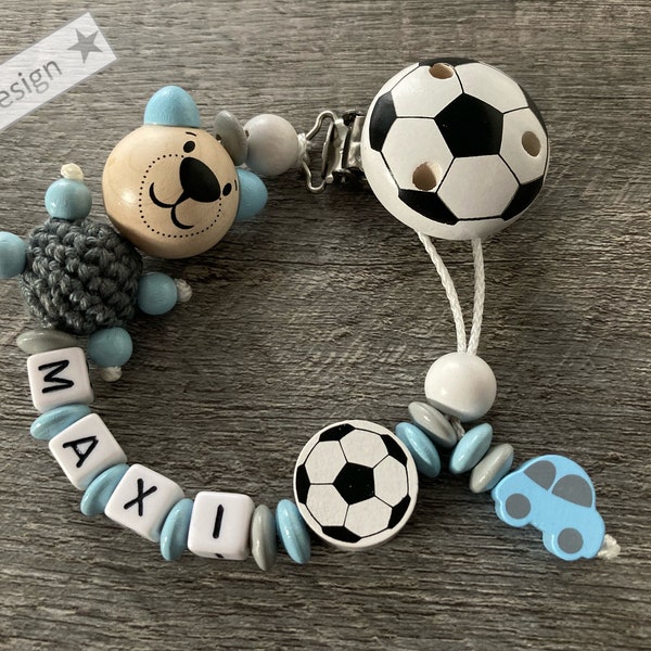 Schnullerkette mit Namen, personalisiert, handmade, Bär, Fussball, Auto, blau/Grau, Junge, Geschenk zur Geburt