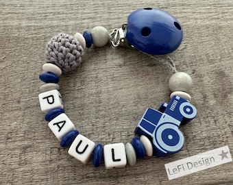 Schnullerkette mit Namen, personalisiert, handmade, Traktor, blau, Junge, Geschenk zur Geburt, Baby, Schnullerband